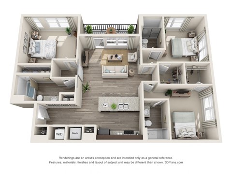 Floor plan of a 3 bedroom 3 bathroom apartment home called the Basalt